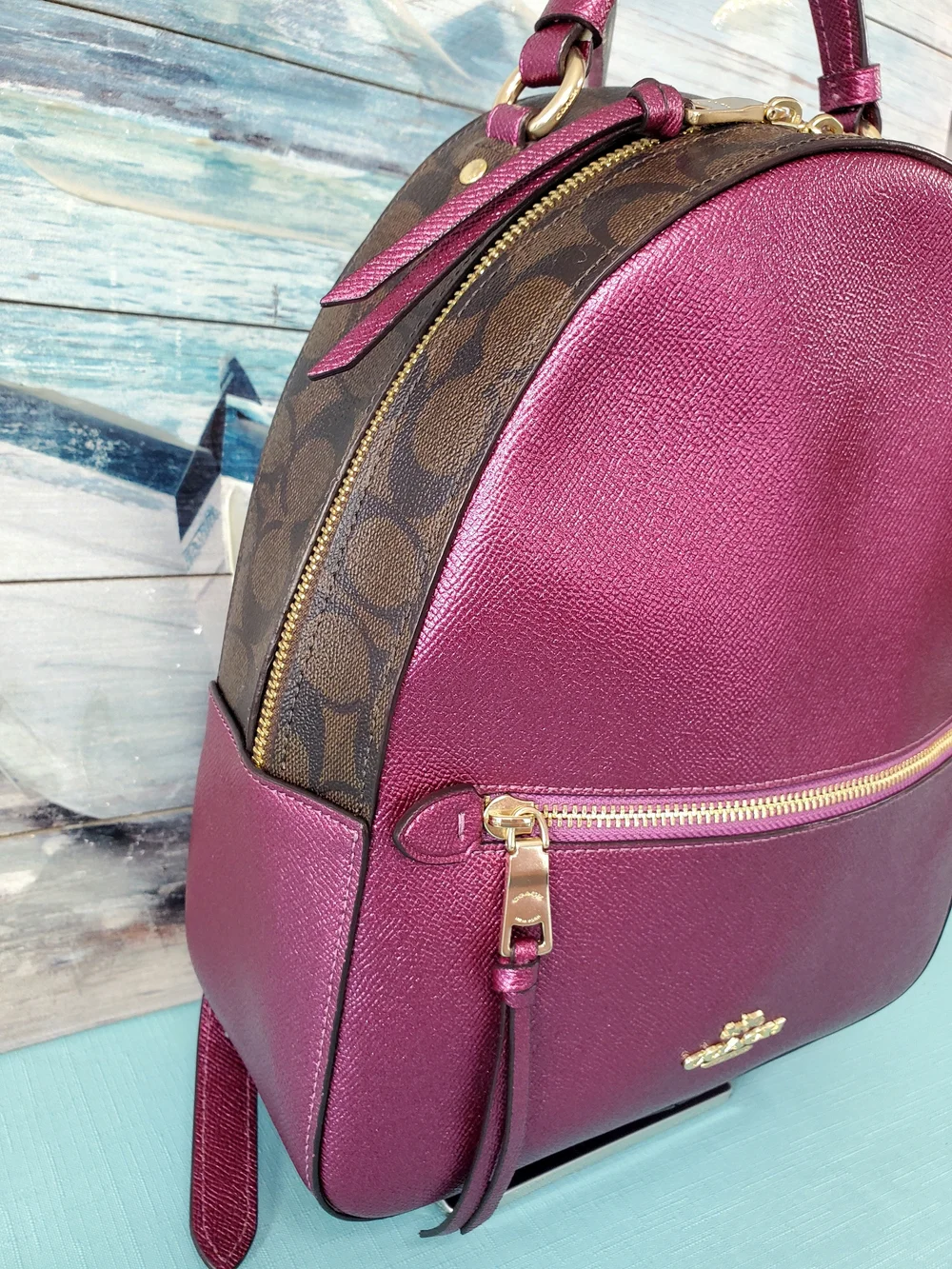 COACH JORDYN BACKPACK IN SIGNATURE CANVAS METALLIC BERRY/BROWN